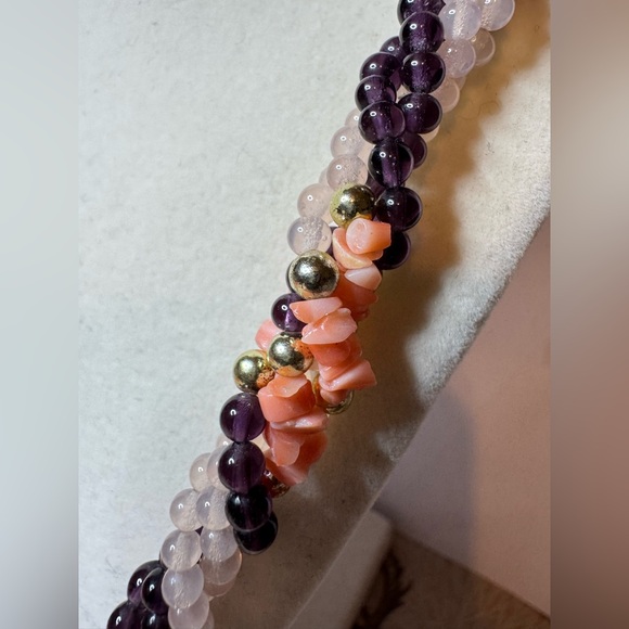 Vintage Genuine Garnet, Rose Quartz, & Angel skin Coral Necklace - Picture 2 of 5